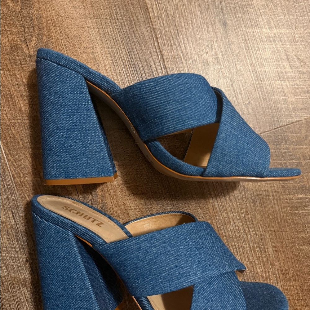 SCHUTZ Blue Denim Crisscross Block Heel Mules
